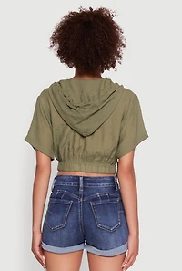 Womens Trendy Cargo Pocket Zip Front Cropped Hoodie, Green, Size L