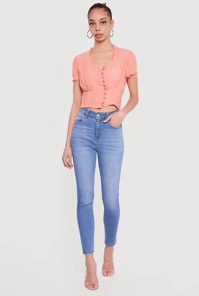 Puff Sleeve Cropped Button Front Blouse