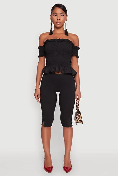 Womens Smocked Off the Shoulder Crop Top, Black, Size S