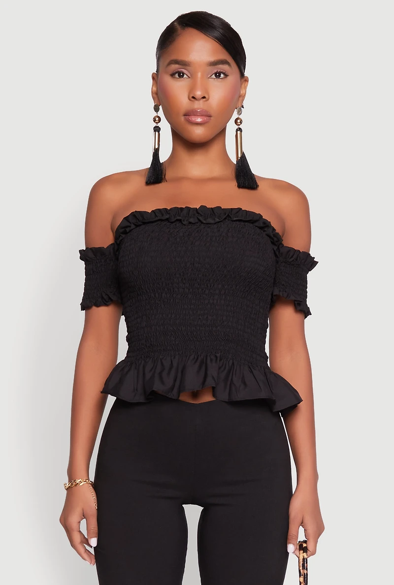 Womens Smocked Off the Shoulder Crop Top,