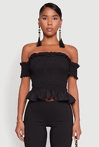 Womens Smocked Off the Shoulder Crop Top,