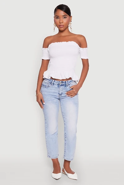 Womens Smocked Off the Shoulder Crop Top, White, Size M