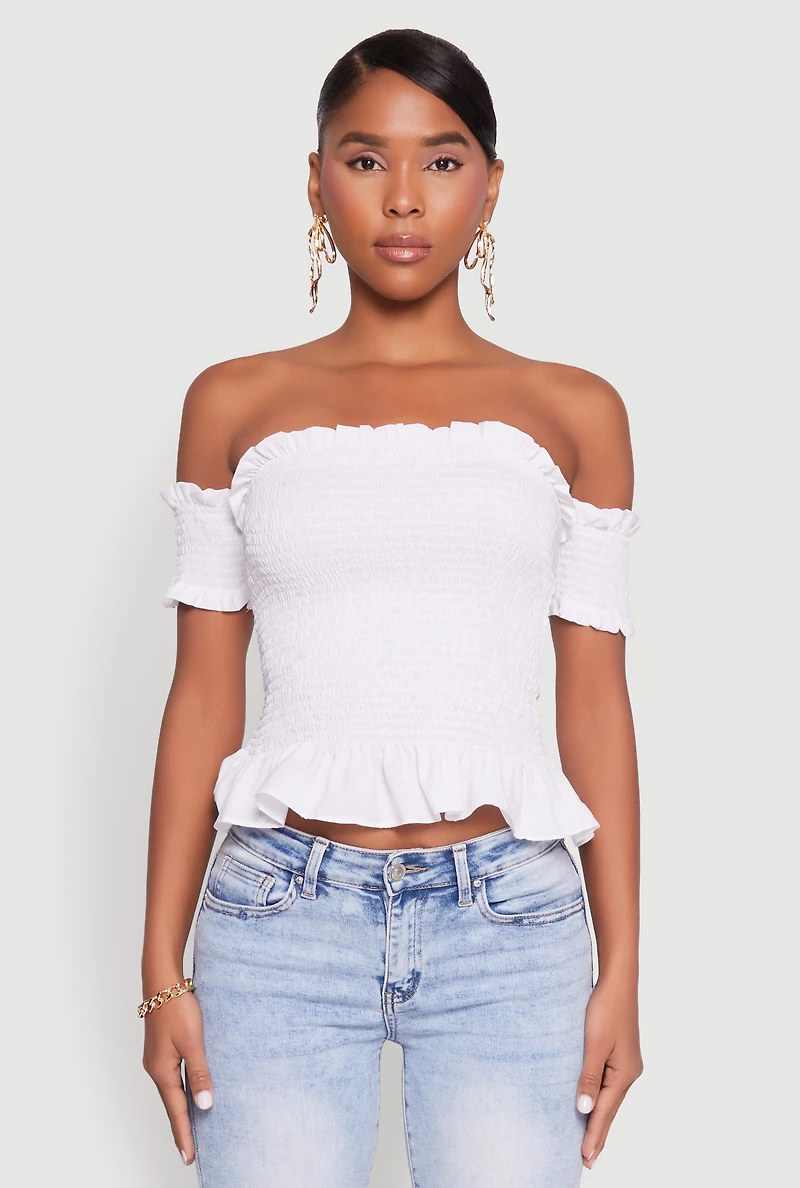 Womens Smocked Off the Shoulder Crop Top, White,