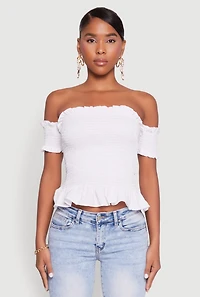 Womens Smocked Off the Shoulder Crop Top, White,