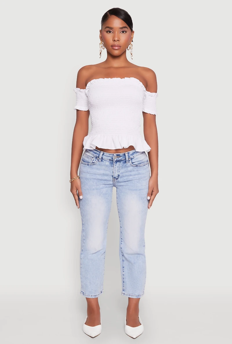 Womens Smocked Off the Shoulder Crop Top, White,