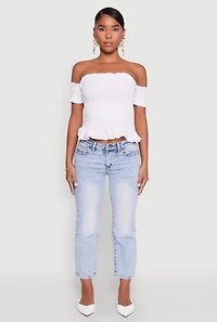 Womens Smocked Off the Shoulder Crop Top, White,