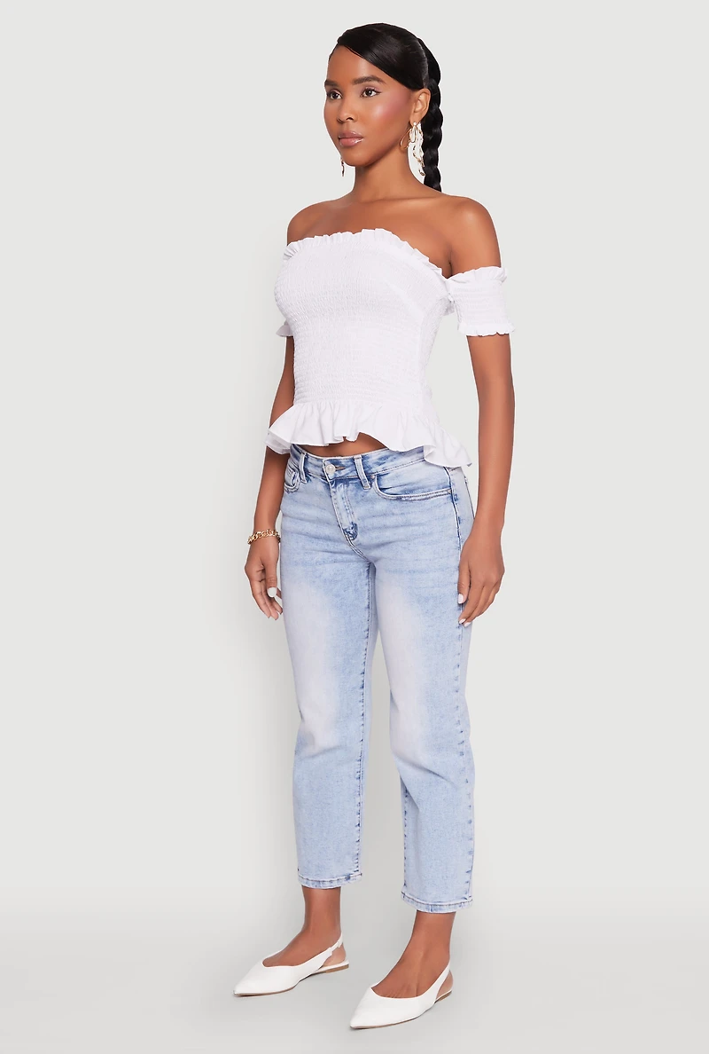 Womens Smocked Off the Shoulder Crop Top, White,