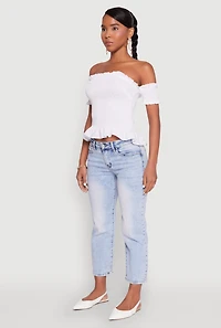 Womens Smocked Off the Shoulder Crop Top, White,