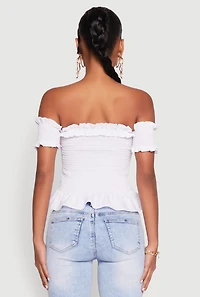 Womens Smocked Off the Shoulder Crop Top, White, Size M