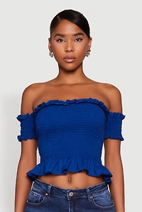 Womens Smocked Off the Shoulder Crop Top, Blue, Size M