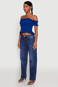 Womens Smocked Off the Shoulder Crop Top, Blue, Size M
