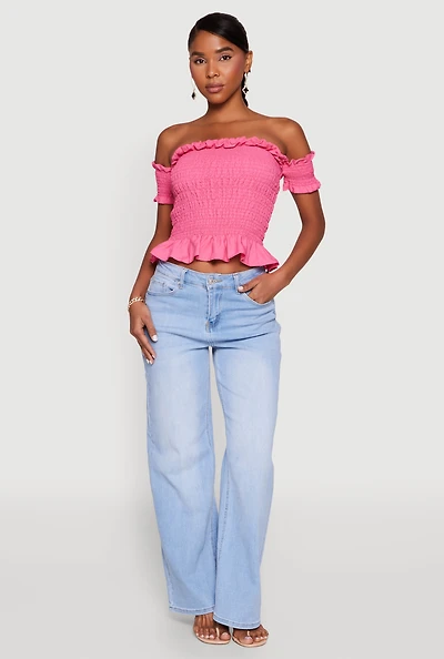 Womens Smocked Off the Shoulder Crop Top, Pink, Size M