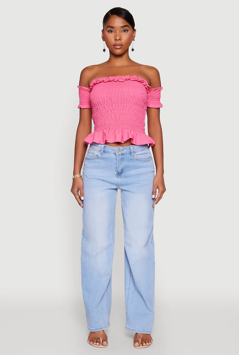 Womens Smocked Off the Shoulder Crop Top, Pink, Size M