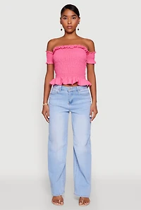 Womens Smocked Off the Shoulder Crop Top, Pink, Size M