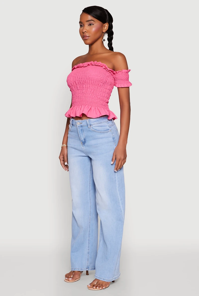 Womens Smocked Off the Shoulder Crop Top, Pink, Size M