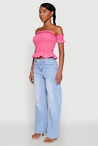 Womens Smocked Off the Shoulder Crop Top, Pink, Size M