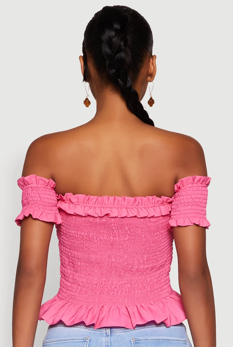 Womens Smocked Off the Shoulder Crop Top, Pink, Size M