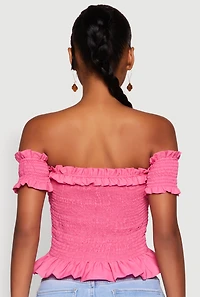 Womens Smocked Off the Shoulder Crop Top, Pink, Size M