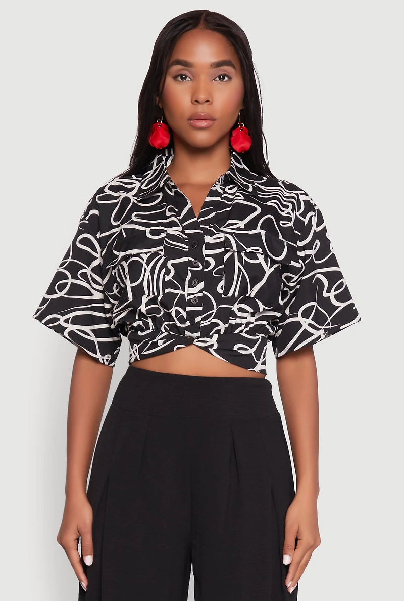Womens Twist Front Swirl Print Top,