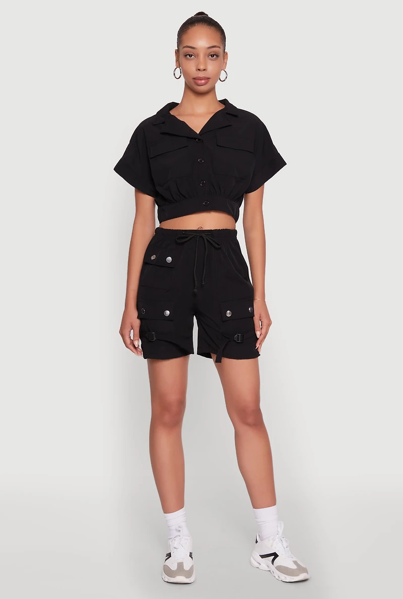 Dolman Sleeve Button Front Shirt Collar Crop Top