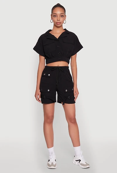 Dolman Sleeve Button Front Shirt Collar Crop Top