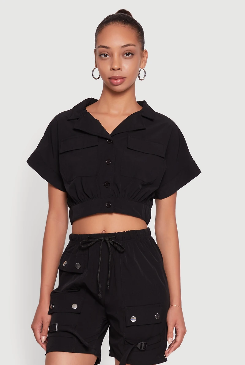 Womens Dolman Sleeve Button Front Shirt Collar Crop Top, XL