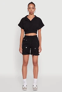 Womens Dolman Sleeve Button Front Shirt Collar Crop Top, Black, Size M