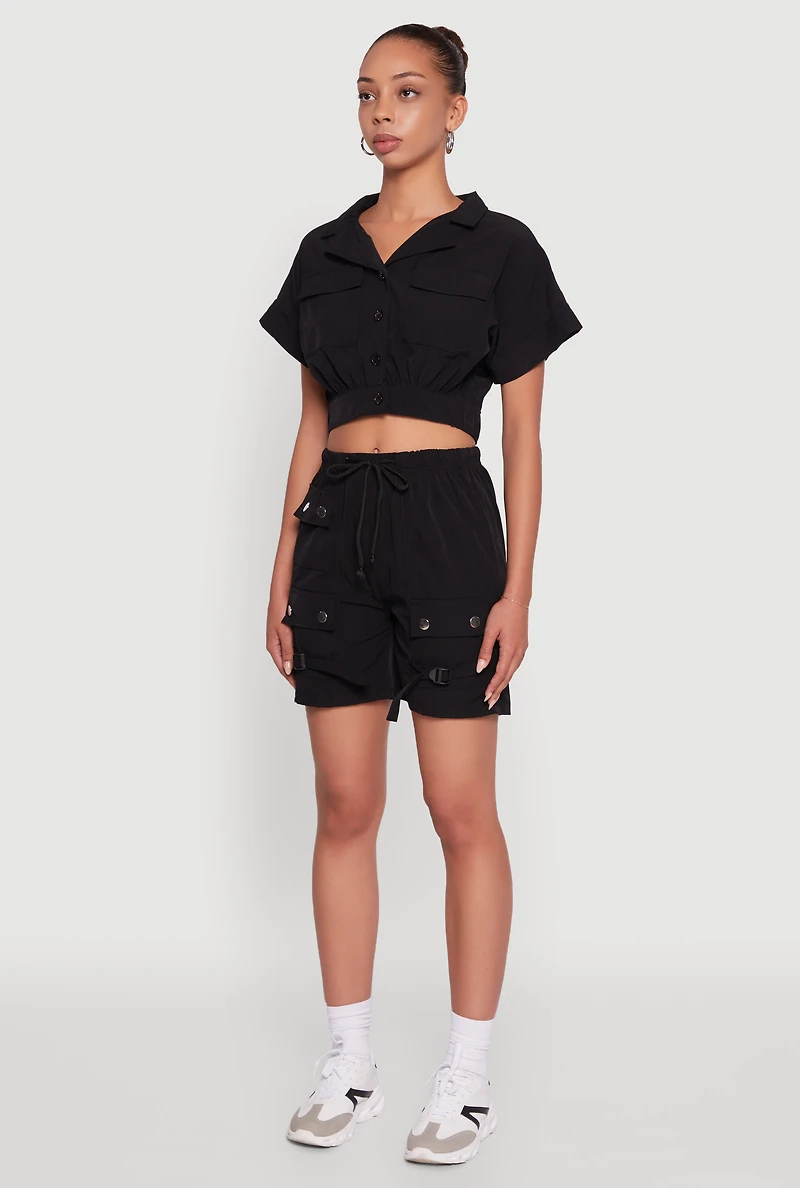 Womens Dolman Sleeve Button Front Shirt Collar Crop Top, XL