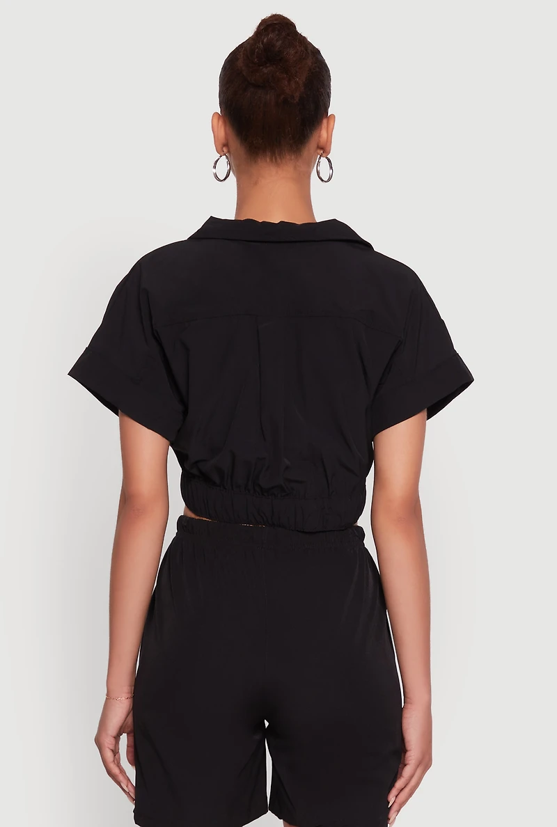 Womens Dolman Sleeve Button Front Shirt Collar Crop Top, Black, Size M