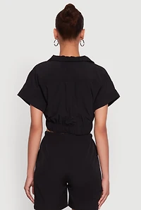 Womens Dolman Sleeve Button Front Shirt Collar Crop Top, Black, Size M