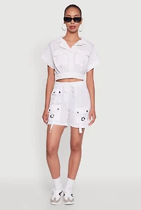 Dolman Sleeve Button Front Shirt Collar Crop Top