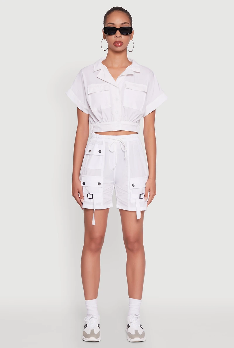 Dolman Sleeve Button Front Shirt Collar Crop Top