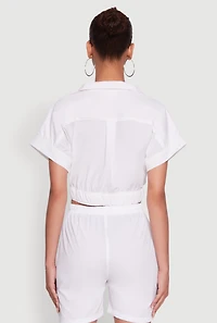 Dolman Sleeve Button Front Shirt Collar Crop Top