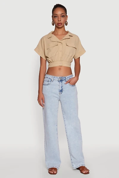 Womens Dolman Sleeve Button Front Shirt Collar Crop Top, Beige, Size L