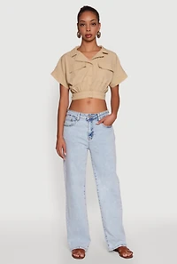 Womens Dolman Sleeve Button Front Shirt Collar Crop Top, Beige, Size L