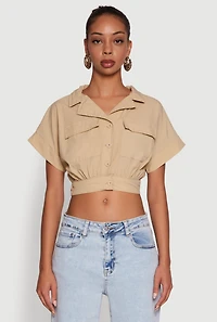 Womens Dolman Sleeve Button Front Shirt Collar Crop Top, Beige, Size L