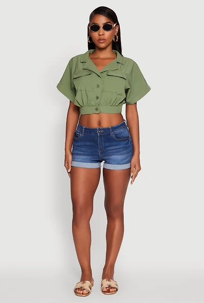 Womens Dolman Sleeve Button Front Shirt Collar Crop Top, Green,