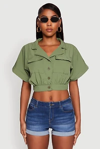 Womens Dolman Sleeve Button Front Shirt Collar Crop Top, Green,