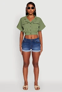 Womens Dolman Sleeve Button Front Shirt Collar Crop Top, Green,