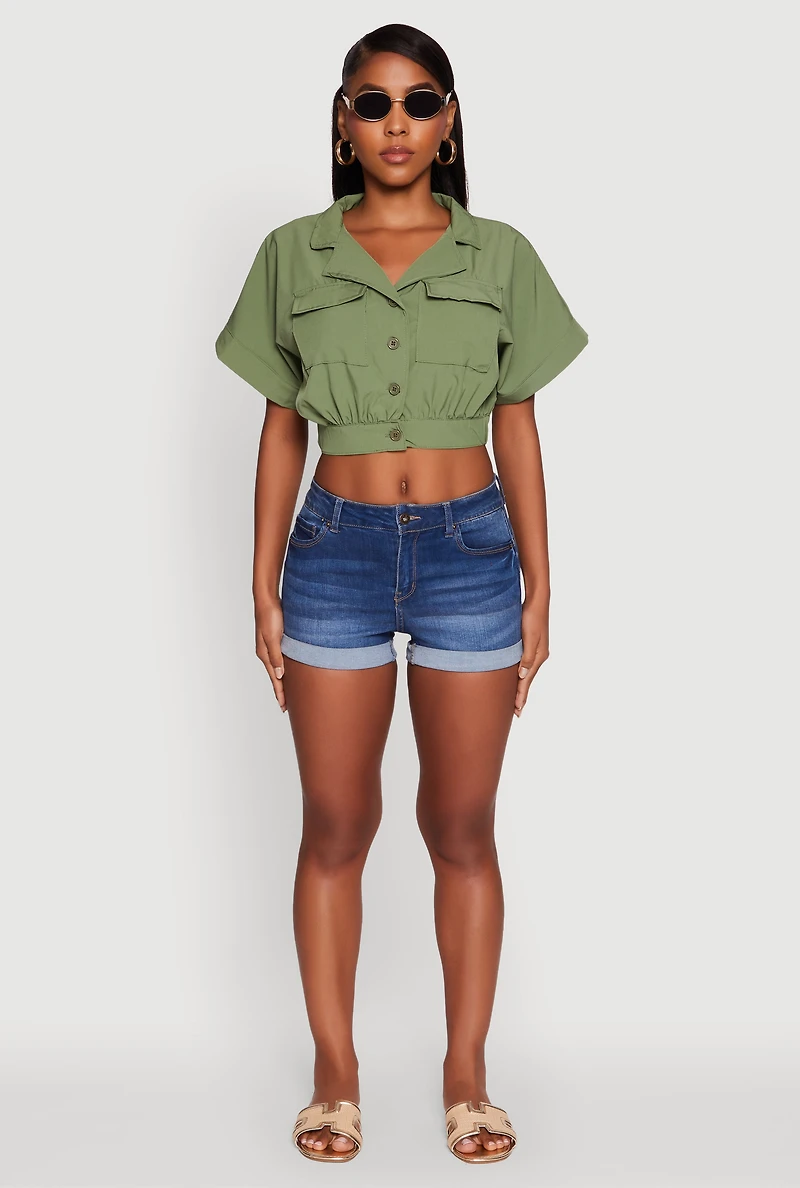 Womens Dolman Sleeve Button Front Shirt Collar Crop Top, Green, Size S