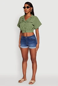 Womens Dolman Sleeve Button Front Shirt Collar Crop Top, Green,