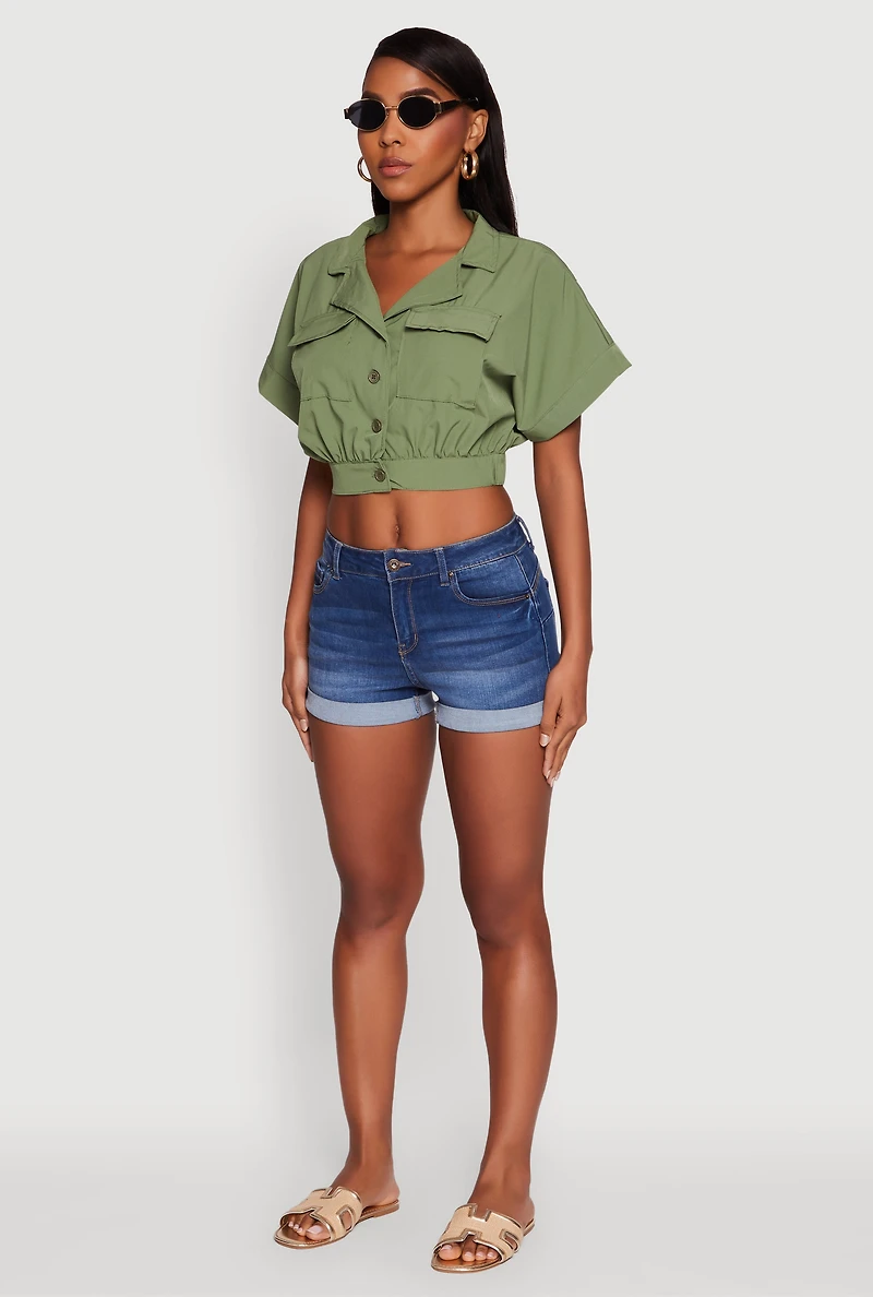 Womens Dolman Sleeve Button Front Shirt Collar Crop Top, Green, Size S