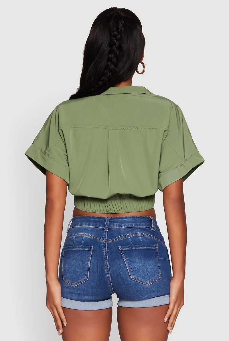 Womens Dolman Sleeve Button Front Shirt Collar Crop Top, Green, Size S