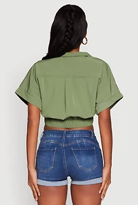 Womens Dolman Sleeve Button Front Shirt Collar Crop Top, Green, Size S