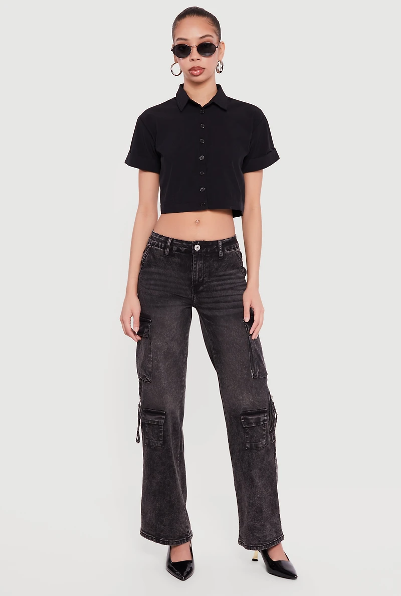 Short Sleeve Button Front Lace Up Cropped Shirt