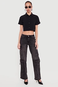Short Sleeve Button Front Lace Up Cropped Shirt