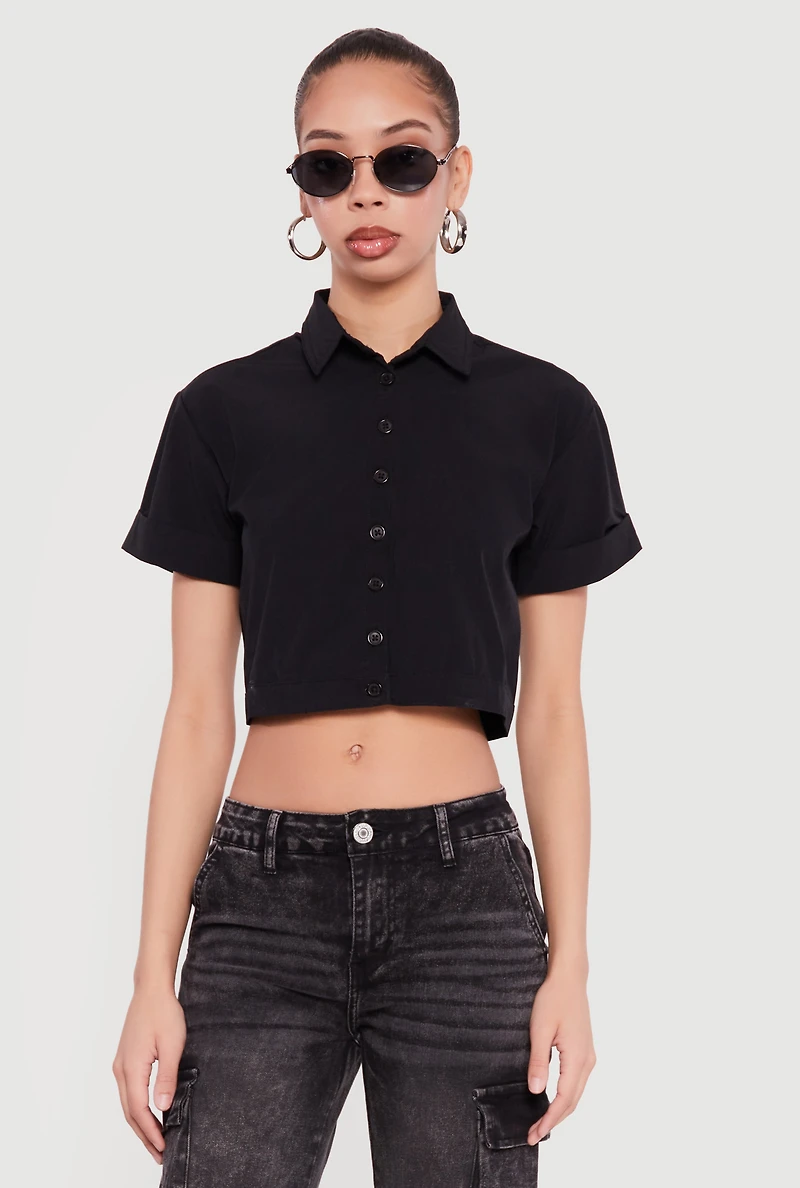 Short Sleeve Button Front Lace Up Cropped Shirt