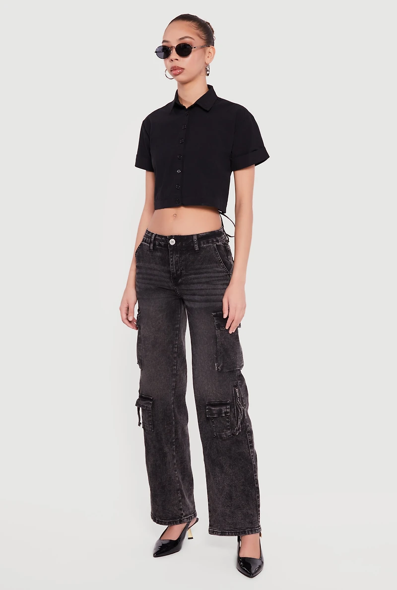 Short Sleeve Button Front Lace Up Cropped Shirt