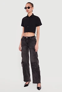 Short Sleeve Button Front Lace Up Cropped Shirt