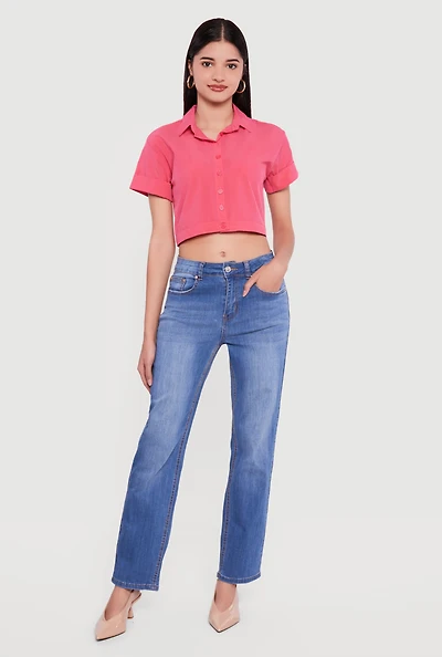 Short Sleeve Button Front Lace Up Cropped Shirt